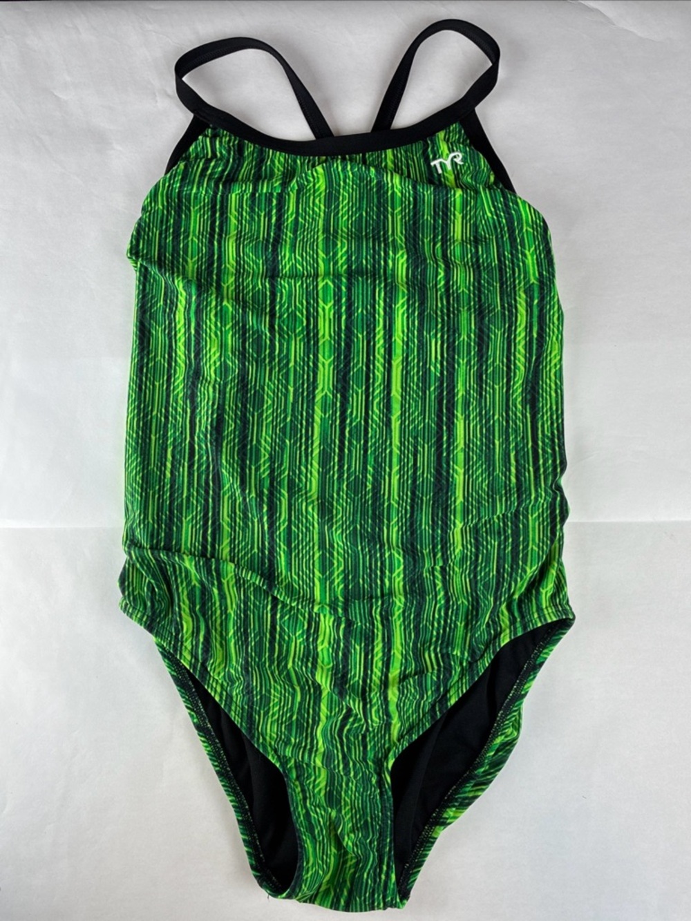 TYR Swimsuit Girls 14 16 Green Black One Piece Competition Training Swim XL XXL